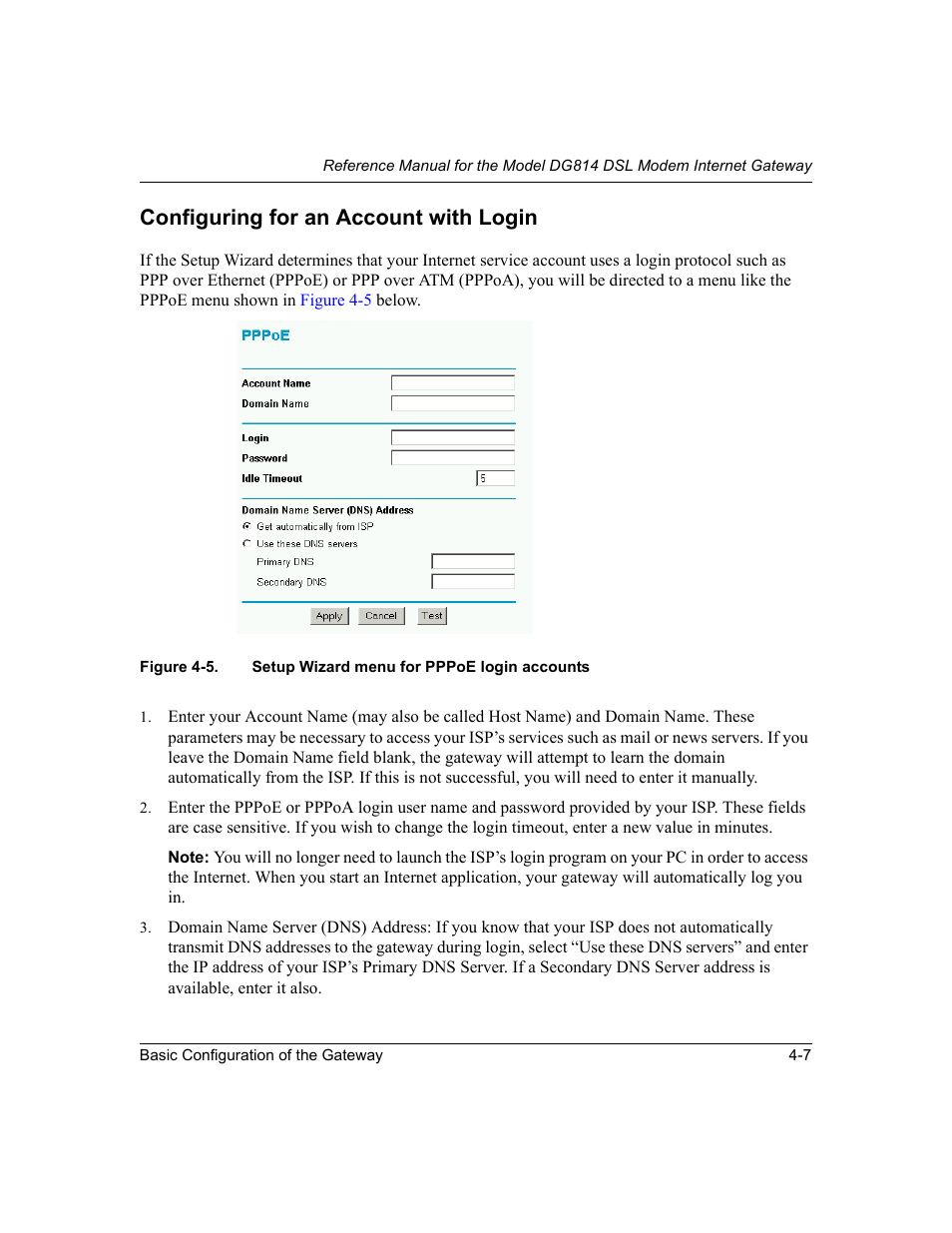 Configuring for an account with login, Configuring for an account with login -7, Figure 4-5 | Setup wizard menu for pppoe login accounts -7 | NETGEAR DG814 DSL User Manual | Page 49 / 112