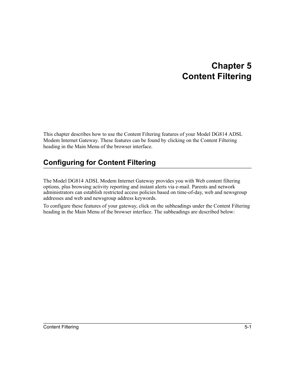 Chapter5 content filtering, Configuring for content filtering, Chapter 5 content filtering | Configuring for content filtering -1, Pwr led not on -1 | NETGEAR DG814 DSL User Manual | Page 53 / 112