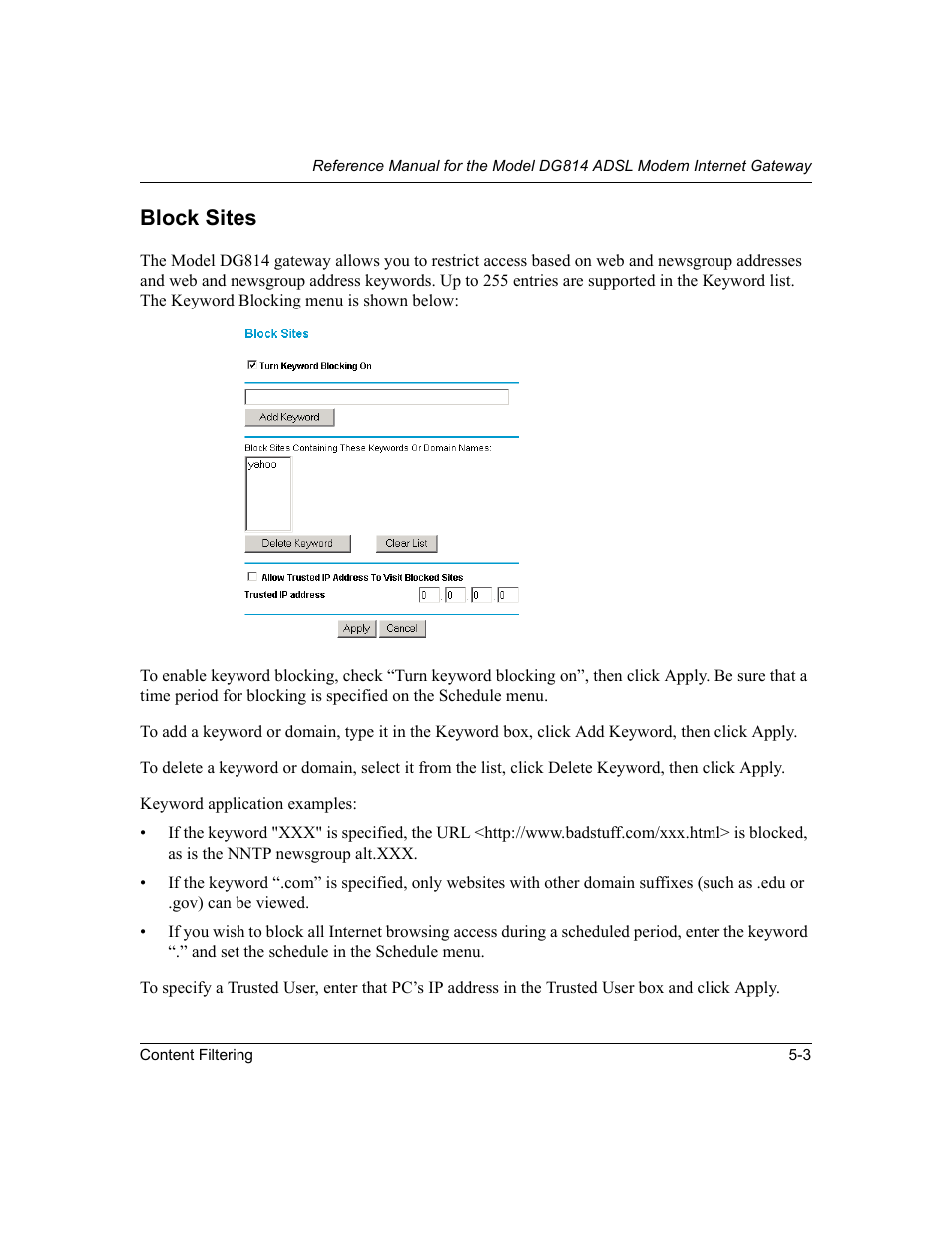 Block sites, Block sites -3 | NETGEAR DG814 DSL User Manual | Page 55 / 112