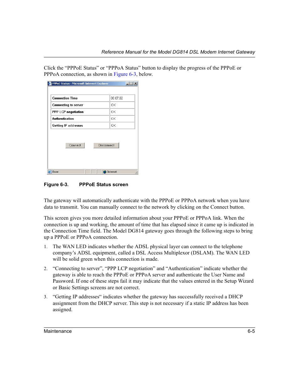 Figure 6-3, Pppoe status screen -5 | NETGEAR DG814 DSL User Manual | Page 63 / 112