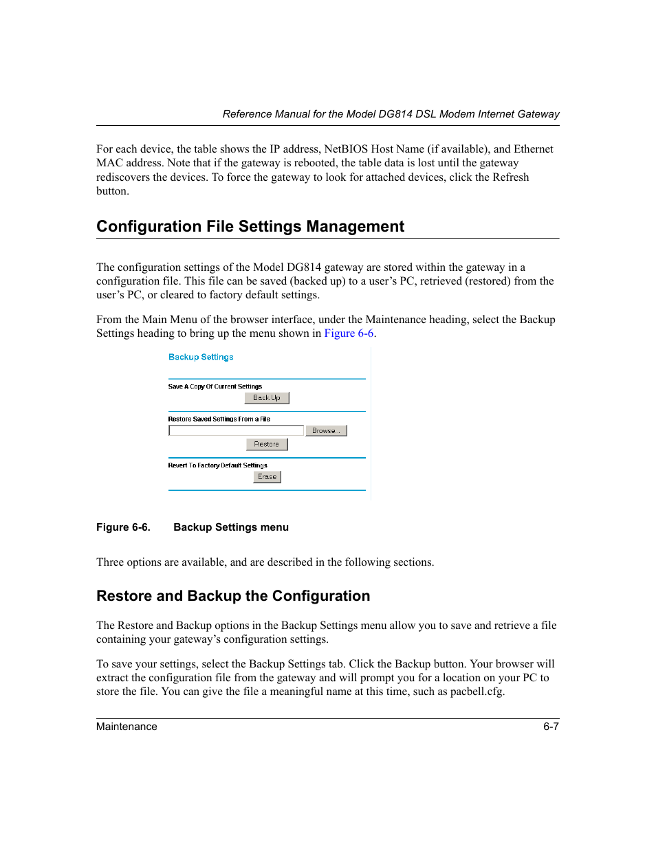 Configuration file settings management, Restore and backup the configuration, Configuration file settings management -7 | Restore and backup the configuration -7, Figure 6-6, Backup settings menu -7 | NETGEAR DG814 DSL User Manual | Page 65 / 112