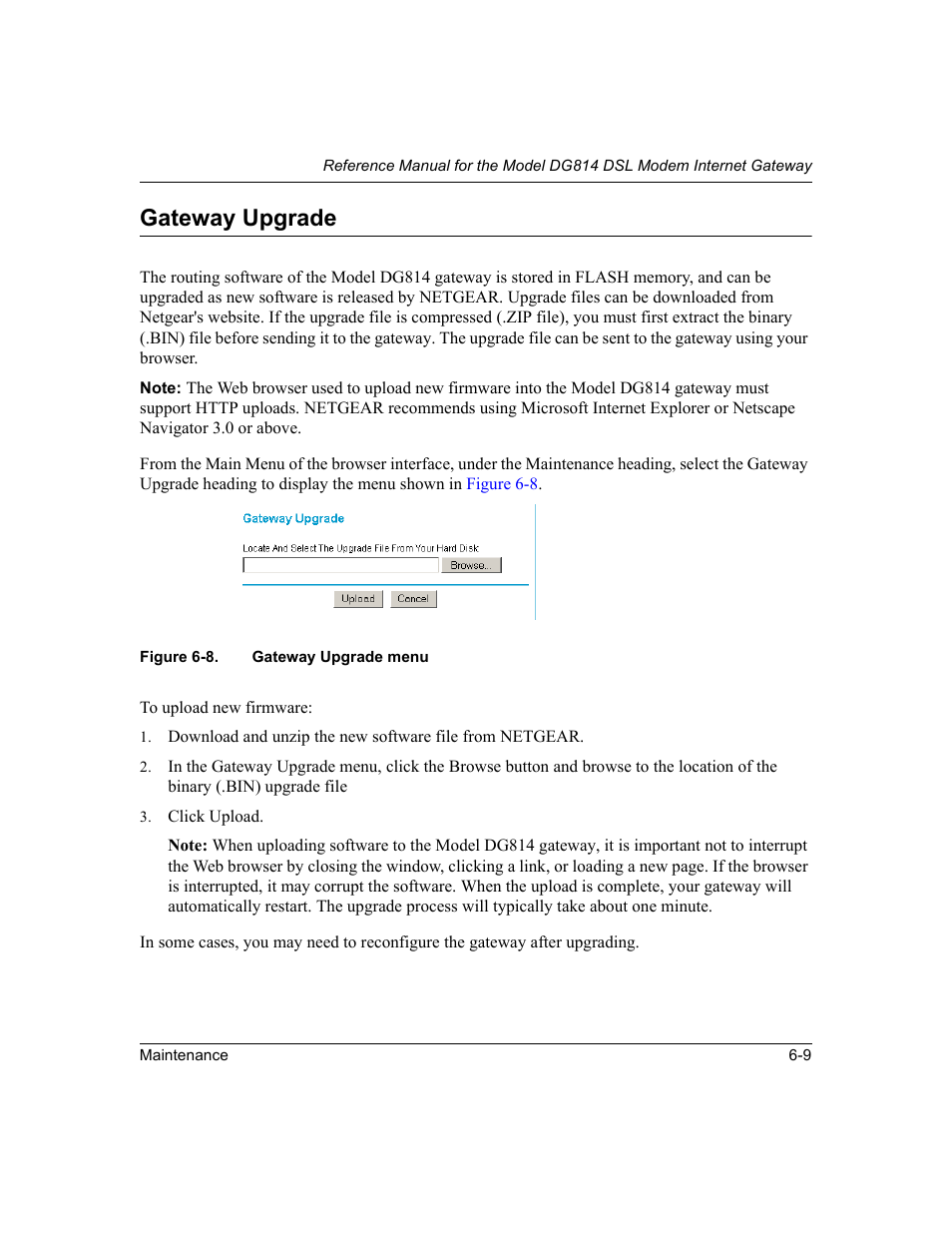 Gateway upgrade, Gateway upgrade -9, Figure 6-8 | Gateway upgrade menu -9 | NETGEAR DG814 DSL User Manual | Page 67 / 112