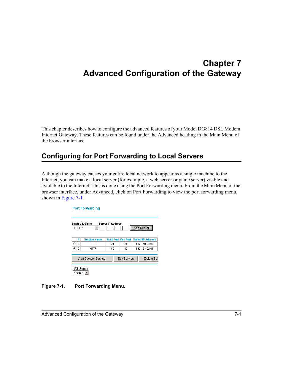 Chapter7 advanced configuration of the gateway, Configuring for port forwarding to local servers, Chapter 7 advanced configuration of the gateway | Figure 7-1, Port forwarding menu -1 | NETGEAR DG814 DSL User Manual | Page 69 / 112