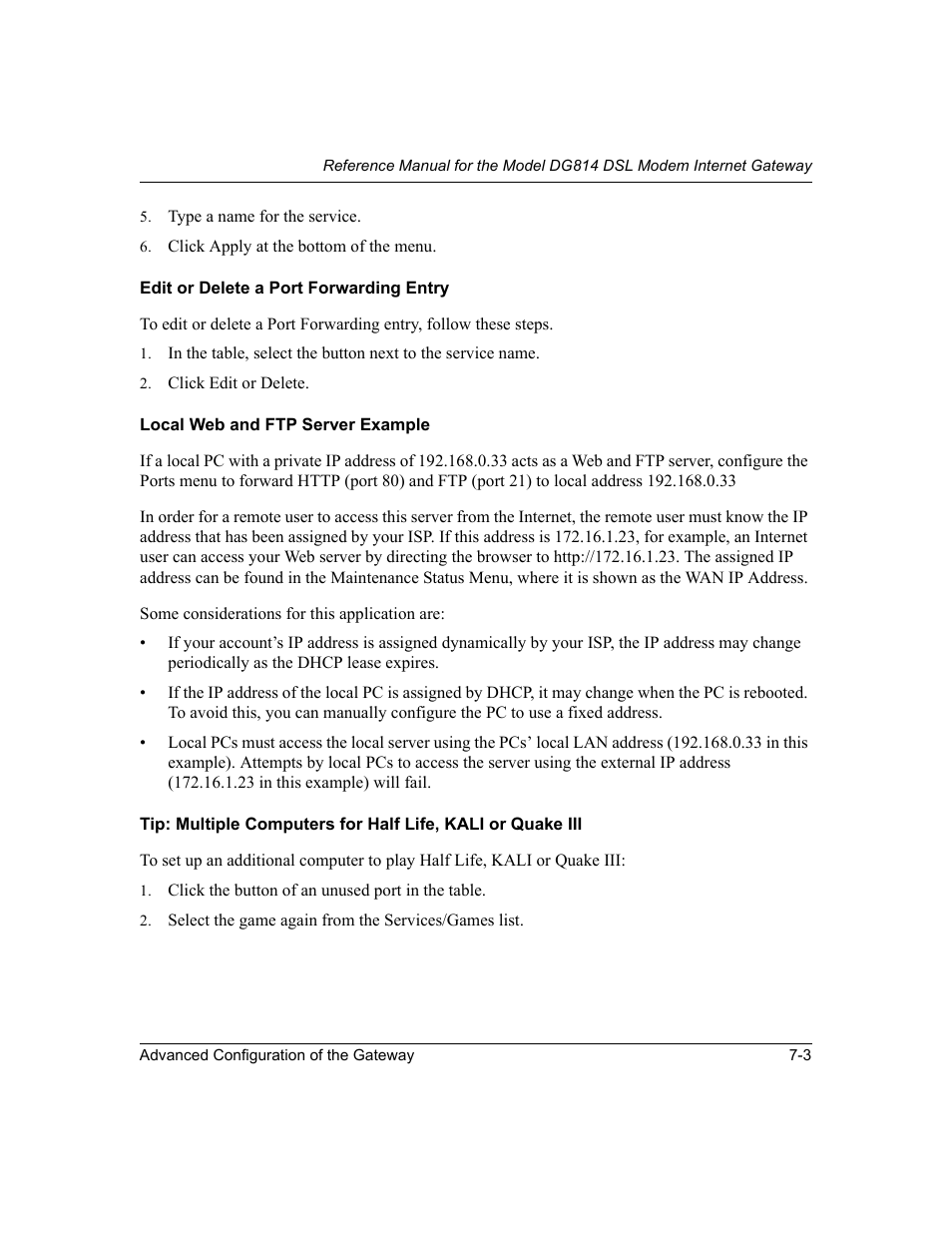 Edit or delete a port forwarding entry, Local web and ftp server example | NETGEAR DG814 DSL User Manual | Page 71 / 112