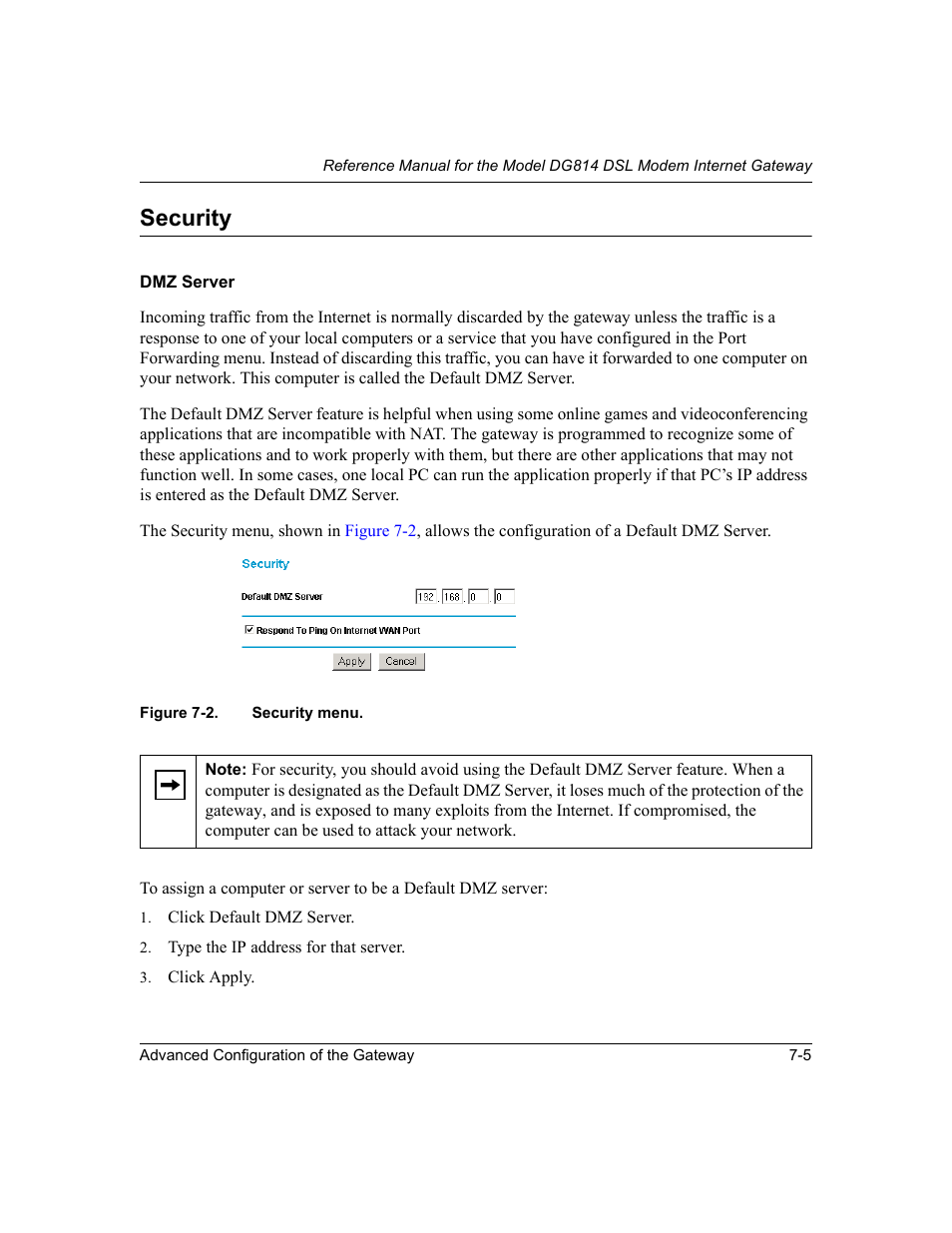 Security, Dmz server, Security -5 | Dmz server -5, Figure 7-2, Security menu -5 | NETGEAR DG814 DSL User Manual | Page 73 / 112