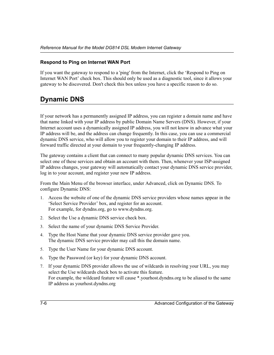 Respond to ping on internet wan port, Dynamic dns, Respond to ping on internet wan port -6 | Dynamic dns -6 | NETGEAR DG814 DSL User Manual | Page 74 / 112
