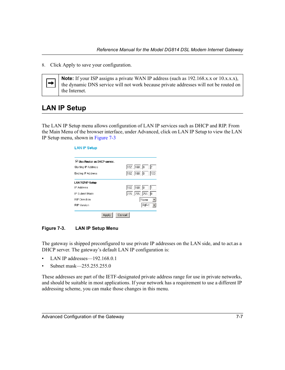 Lan ip setup, Lan ip setup -7, Figure 7-3 | Lan ip setup menu -7 | NETGEAR DG814 DSL User Manual | Page 75 / 112