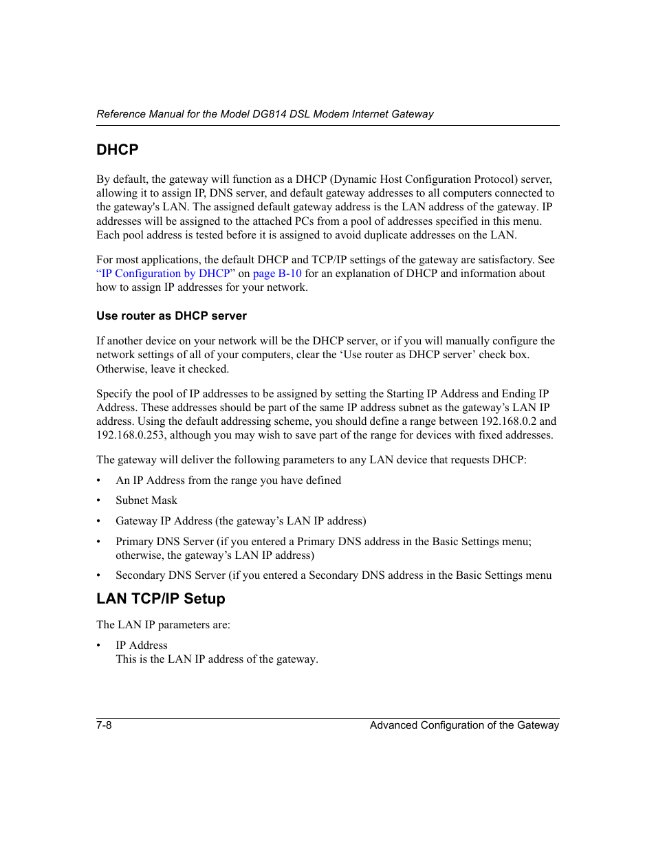 Dhcp, Use router as dhcp server, Dhcp -8 | Use router as dhcp server -8, Lan tcp/ip setup | NETGEAR DG814 DSL User Manual | Page 76 / 112