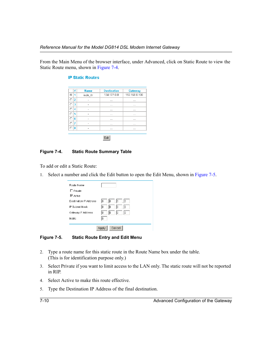 Figure 7-4, Static route summary table -10, Figure 7-5 | Static route entry and edit menu -10 | NETGEAR DG814 DSL User Manual | Page 78 / 112