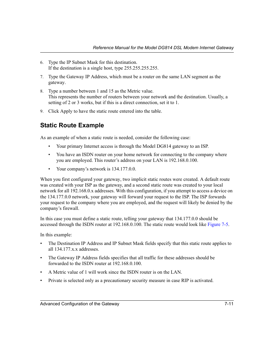 Static route example, Static route example -11 | NETGEAR DG814 DSL User Manual | Page 79 / 112