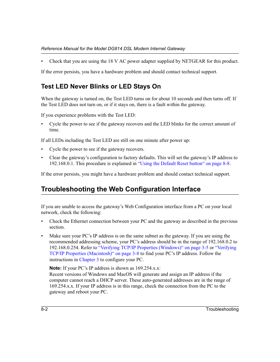 Test led never blinks or led stays on, Troubleshooting the web configuration interface, Test led never blinks or led stays on -2 | Troubleshooting the web configuration interface -2 | NETGEAR DG814 DSL User Manual | Page 82 / 112