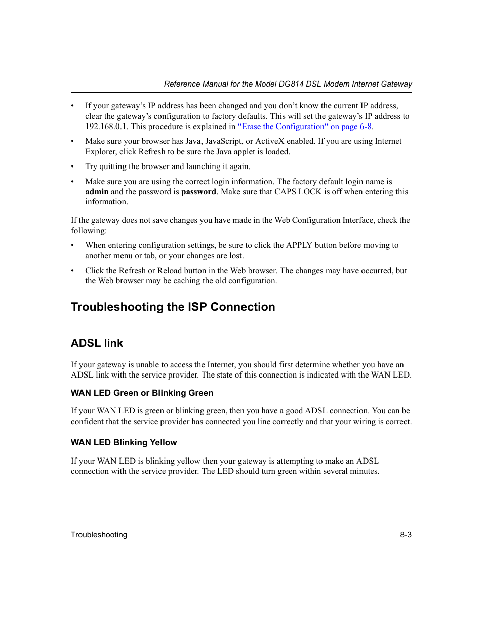 Troubleshooting the isp connection, Adsl link, Wan led blinking yellow | Troubleshooting the isp connection -3, Adsl link -3, Wan led blinking yellow -3 | NETGEAR DG814 DSL User Manual | Page 83 / 112