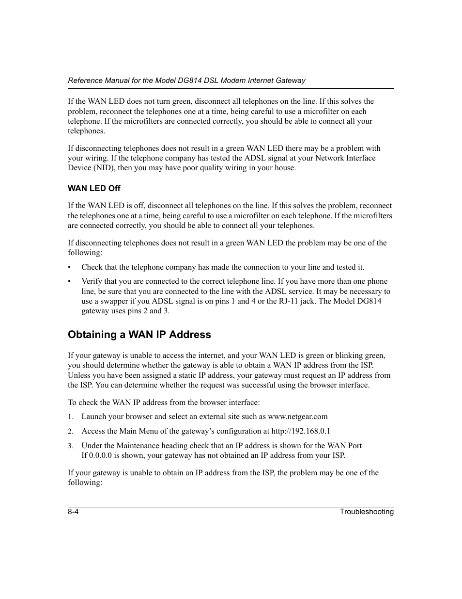 Wan led off, Obtaining a wan ip address, Wan led off -4 | Obtaining a wan ip address -4 | NETGEAR DG814 DSL User Manual | Page 84 / 112
