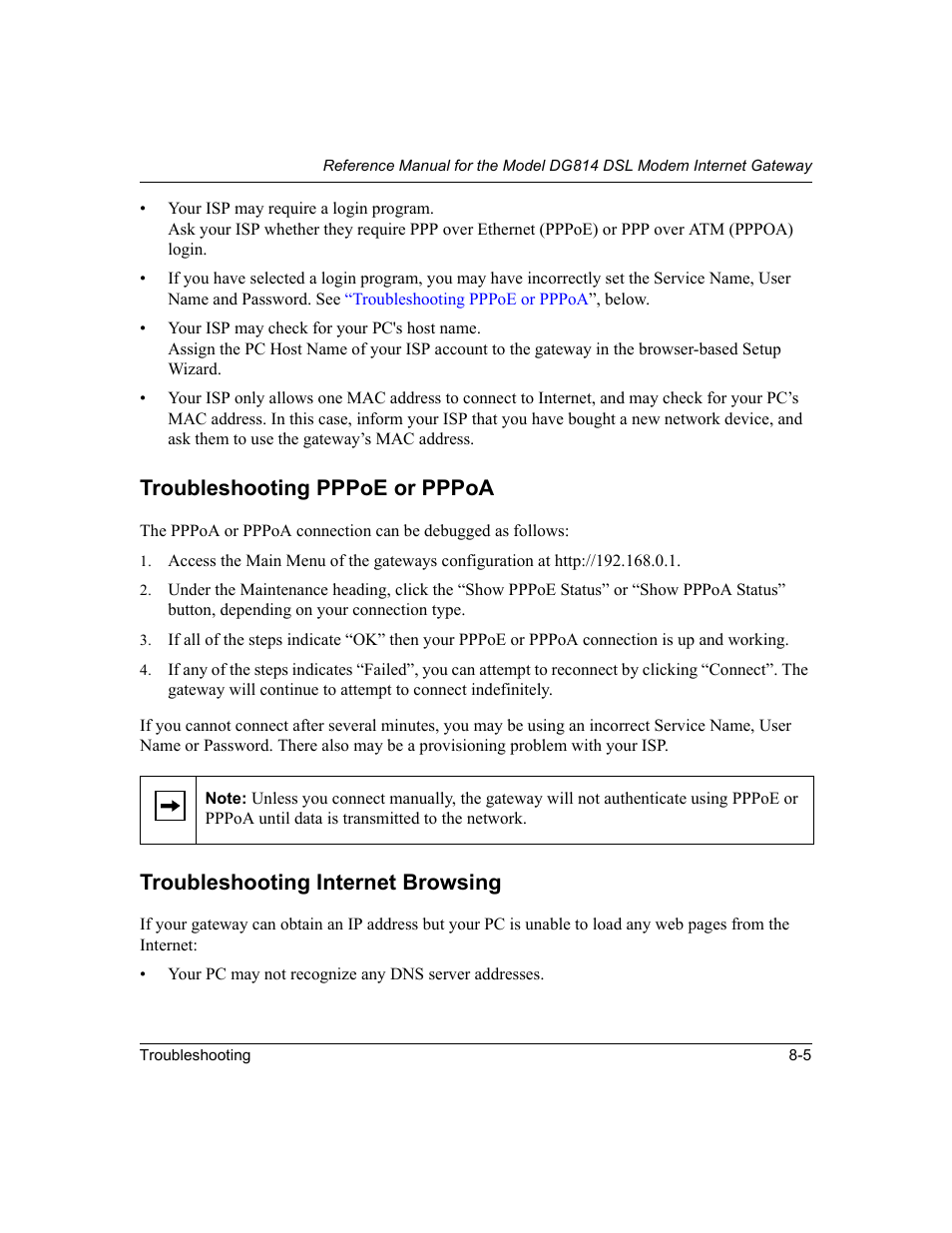 Troubleshooting pppoe or pppoa, Troubleshooting internet browsing | NETGEAR DG814 DSL User Manual | Page 85 / 112