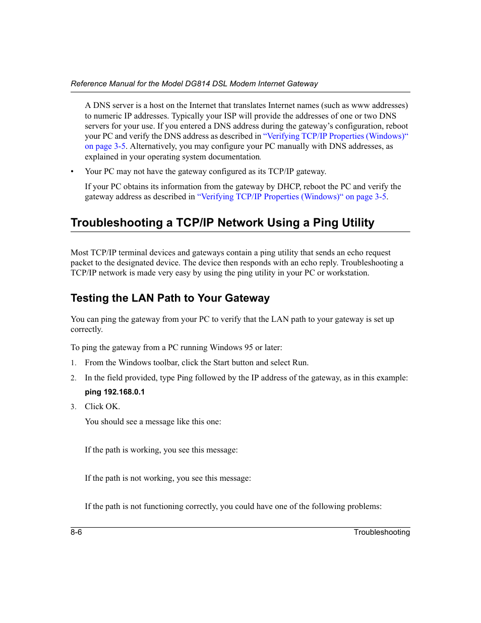 Testing the lan path to your gateway, Testing the lan path to your gateway -6 | NETGEAR DG814 DSL User Manual | Page 86 / 112