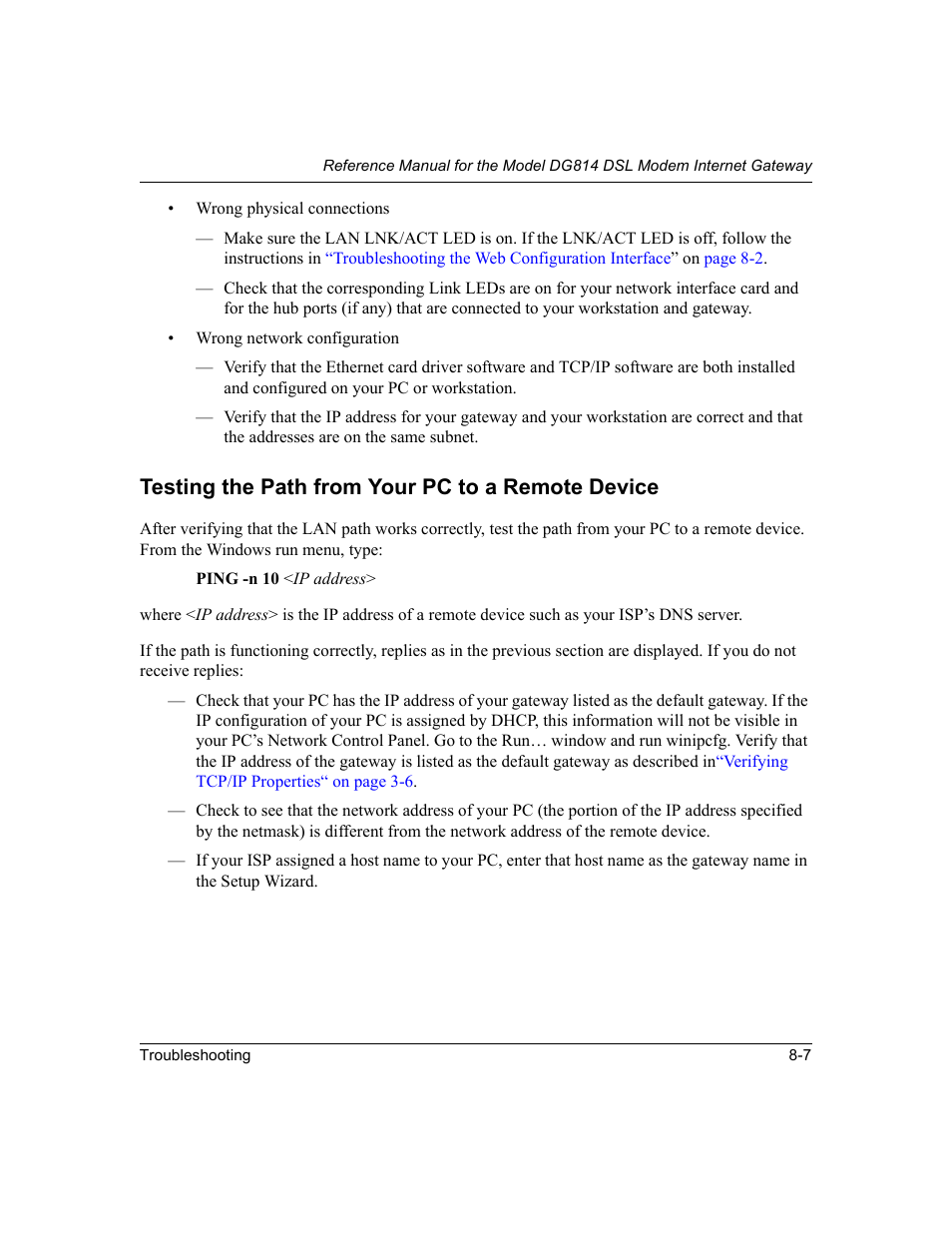 Testing the path from your pc to a remote device | NETGEAR DG814 DSL User Manual | Page 87 / 112