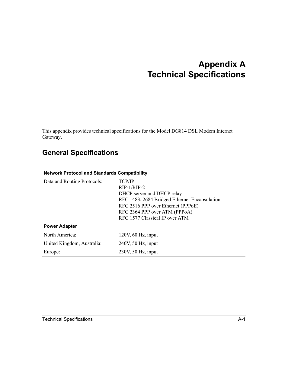Appendix a technical specifications, General specifications | NETGEAR DG814 DSL User Manual | Page 89 / 112