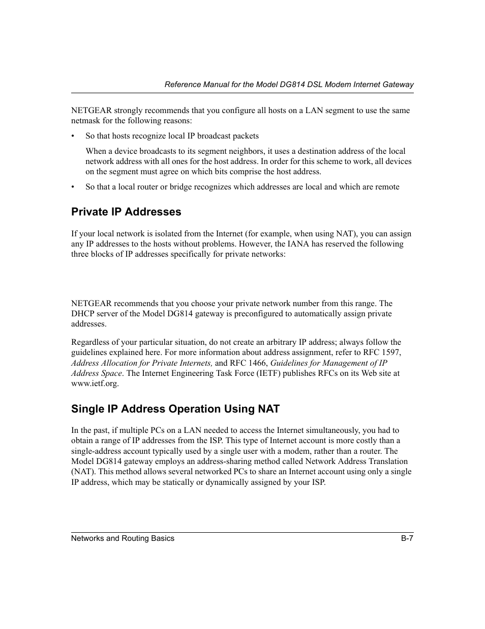 Private ip addresses, Single ip address operation using nat | NETGEAR DG814 DSL User Manual | Page 97 / 112
