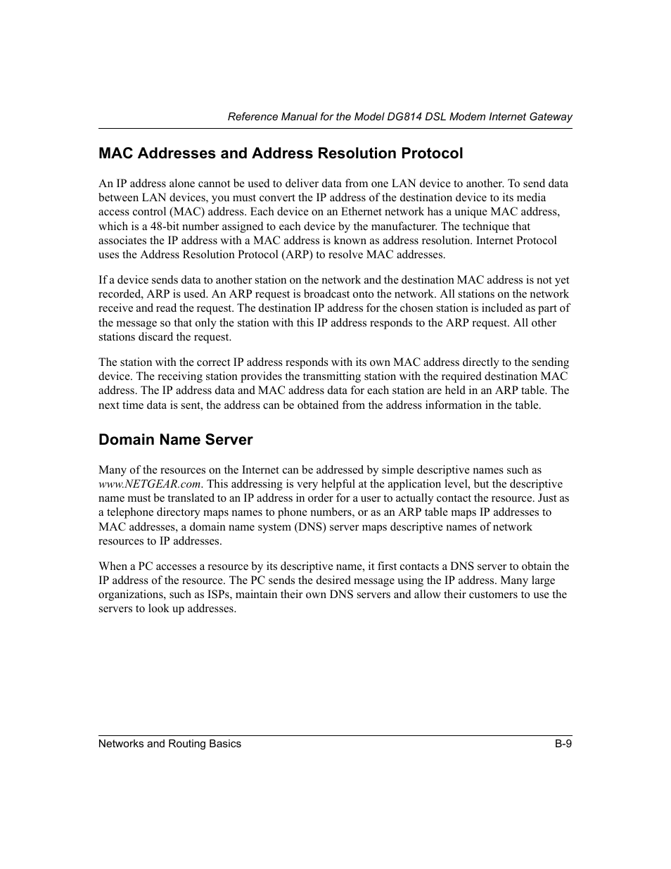 Mac addresses and address resolution protocol, Domain name server | NETGEAR DG814 DSL User Manual | Page 99 / 112
