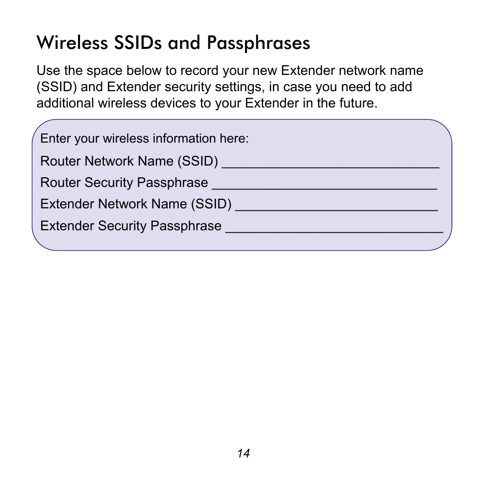 Wireless ssids and passphrases | NETGEAR Universal WiFi Range Extender WN3000RP User Manual | Page 14 / 16