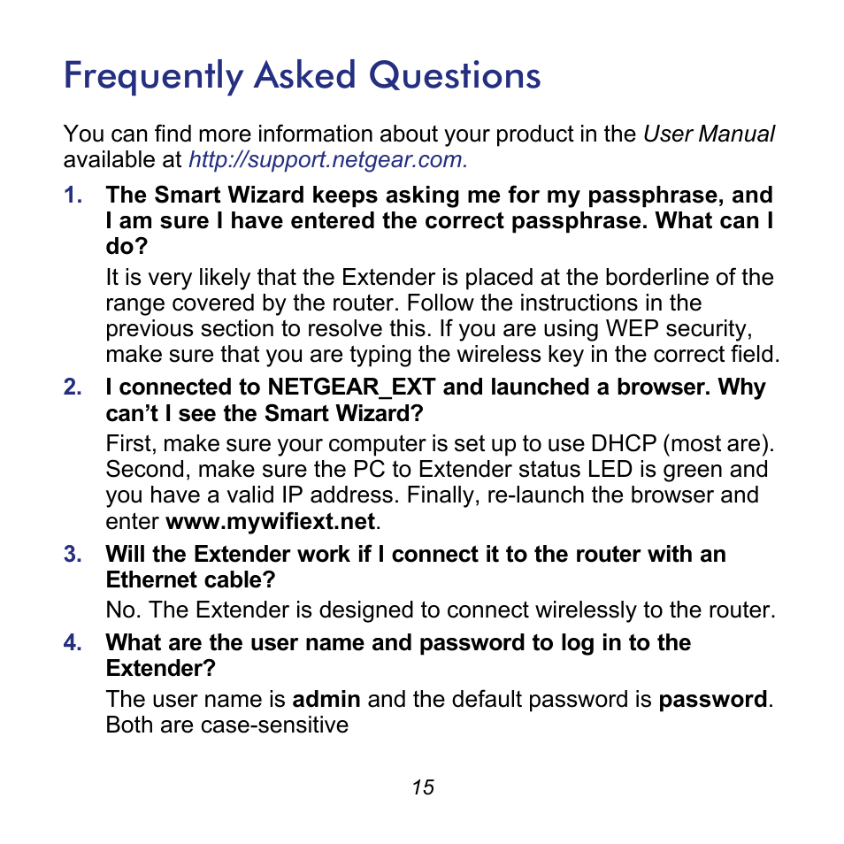 Frequently asked questions | NETGEAR Universal WiFi Range Extender WN3000RP User Manual | Page 15 / 16