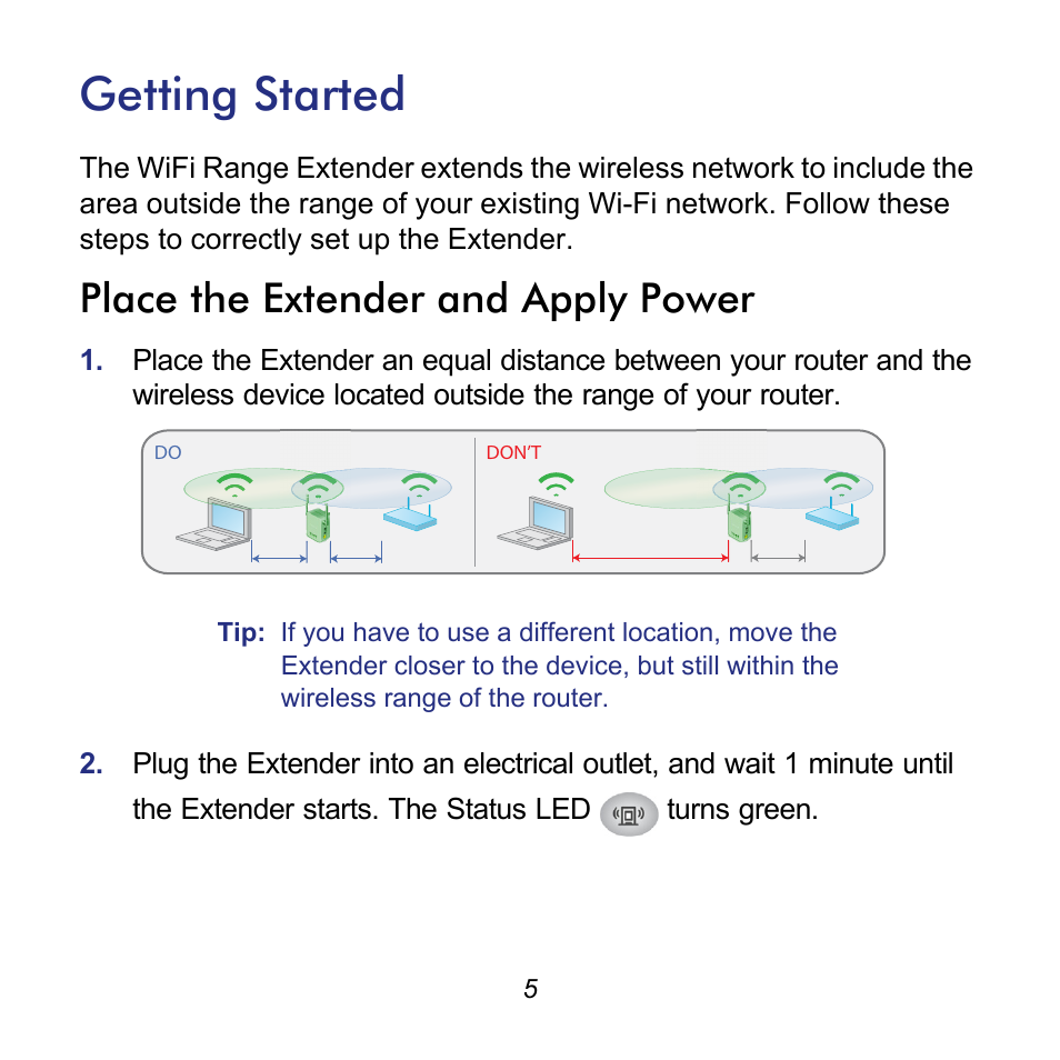 Getting started, Place the extender and apply power | NETGEAR Universal WiFi Range Extender WN3000RP User Manual | Page 5 / 16