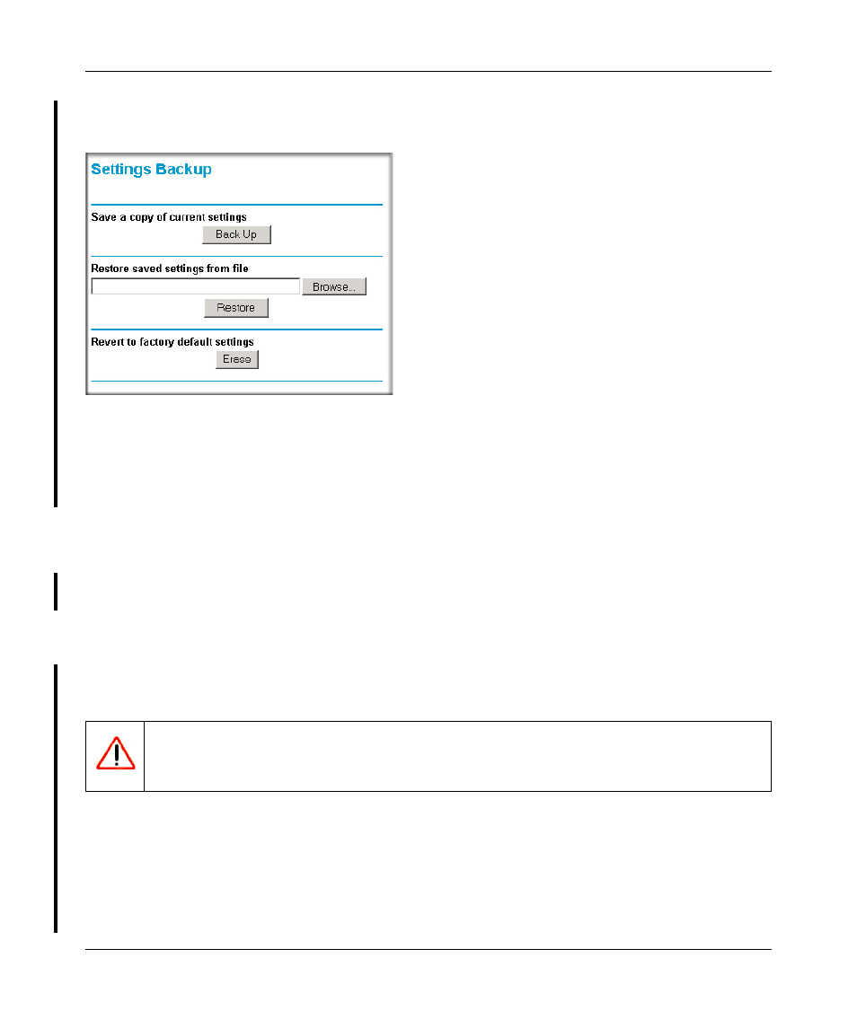 Backing up and restoring the configuration, Erasing the configuration, Restoring and backing up the configuration -6 | Erasing the configuration -6 | NETGEAR WPNT834 User Manual | Page 67 / 107