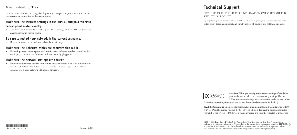 Technical support, Troubleshooting tips | NETGEAR MP101 User Manual | Page 2 / 2