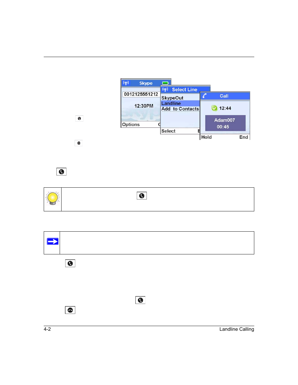Selecting the landline option, Redialing the last number, Making a second landline call during a call | NETGEAR SPH200D User Manual | Page 46 / 80