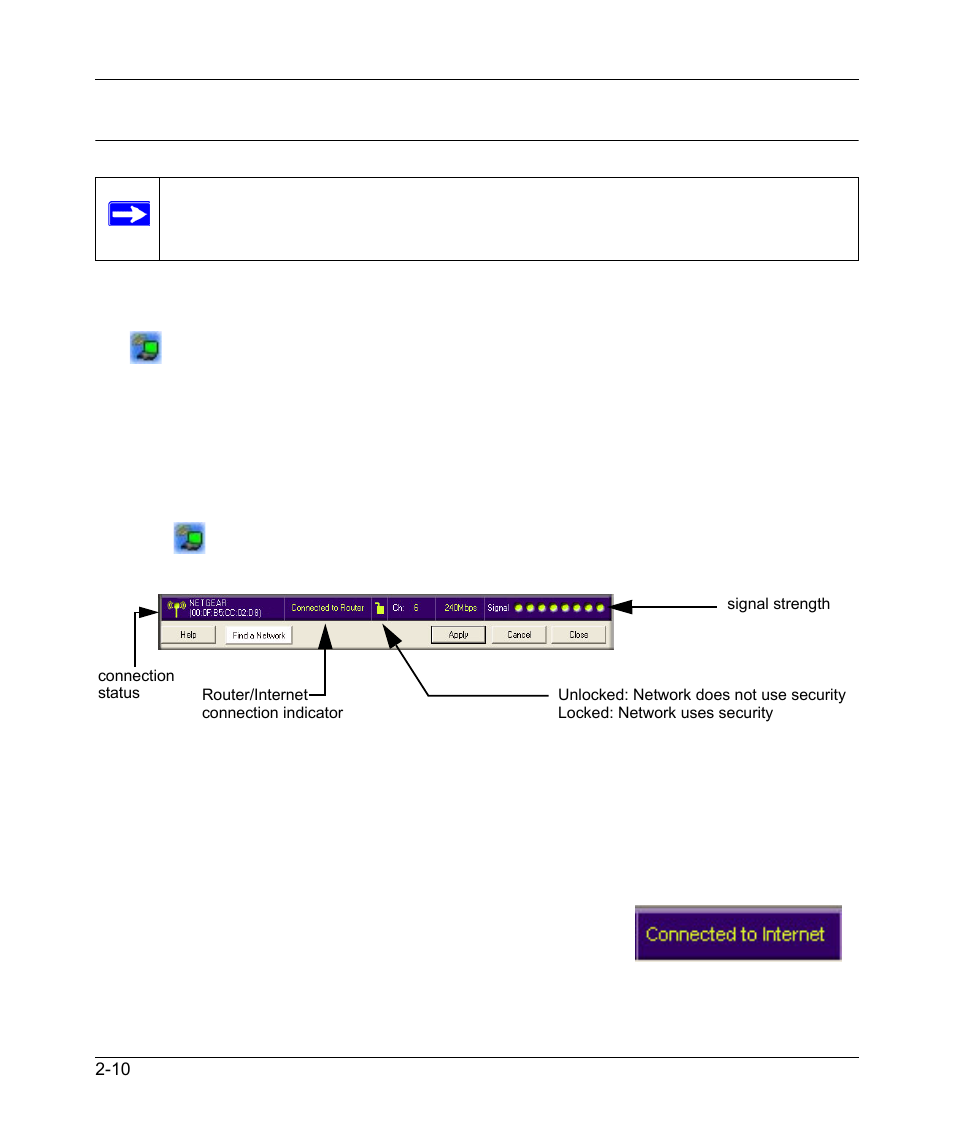 Connecting to wireless networks and the internet, The smart wizard status bar, The smart wizard status bar -10 | NETGEAR RangeMax 240 Wireless MIMO USB 2.0 Adapter WPNT121 User Manual | Page 20 / 48