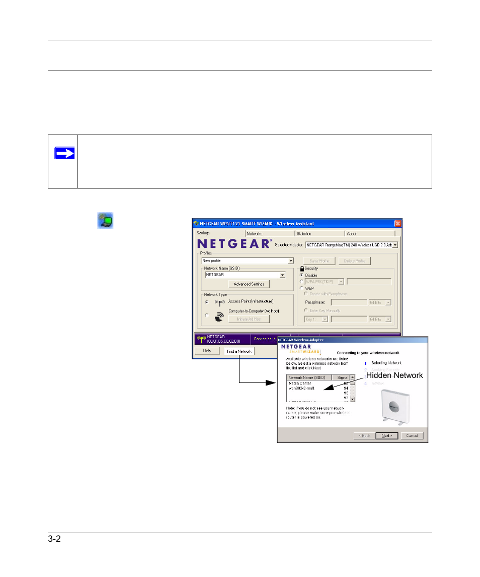 Finding a network, Finding a network -2 | NETGEAR RangeMax 240 Wireless MIMO USB 2.0 Adapter WPNT121 User Manual | Page 24 / 48
