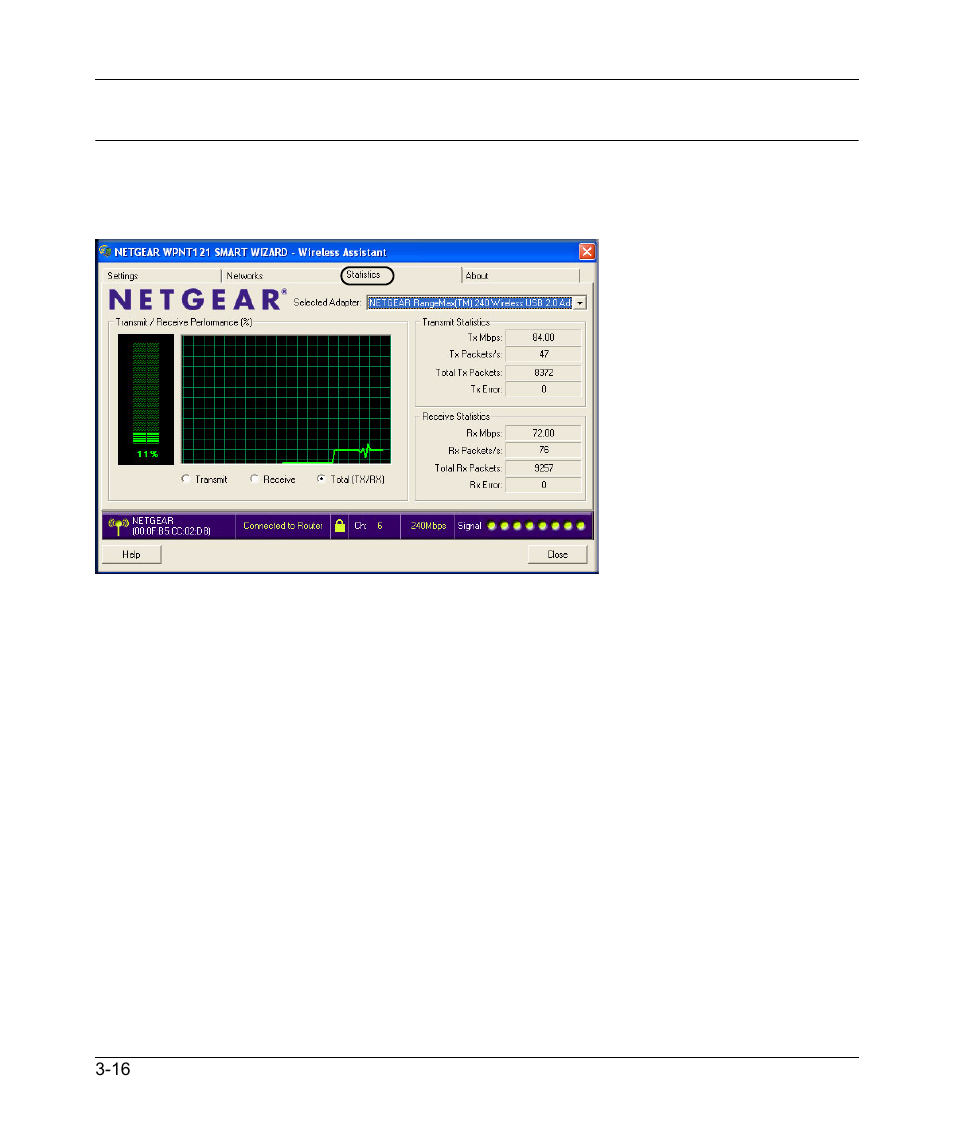 Statistics page | NETGEAR RangeMax 240 Wireless MIMO USB 2.0 Adapter WPNT121 User Manual | Page 38 / 48