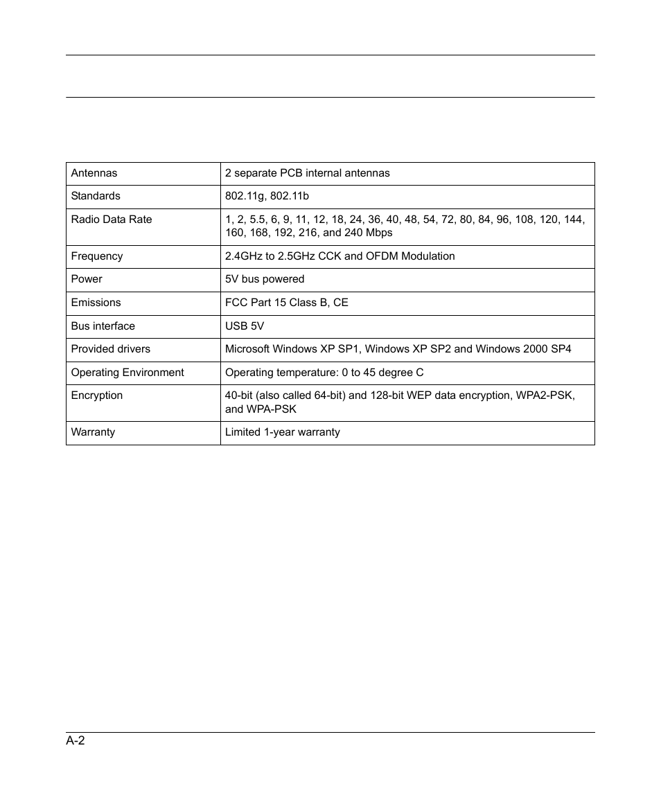 Technical specifications | NETGEAR RangeMax 240 Wireless MIMO USB 2.0 Adapter WPNT121 User Manual | Page 46 / 48