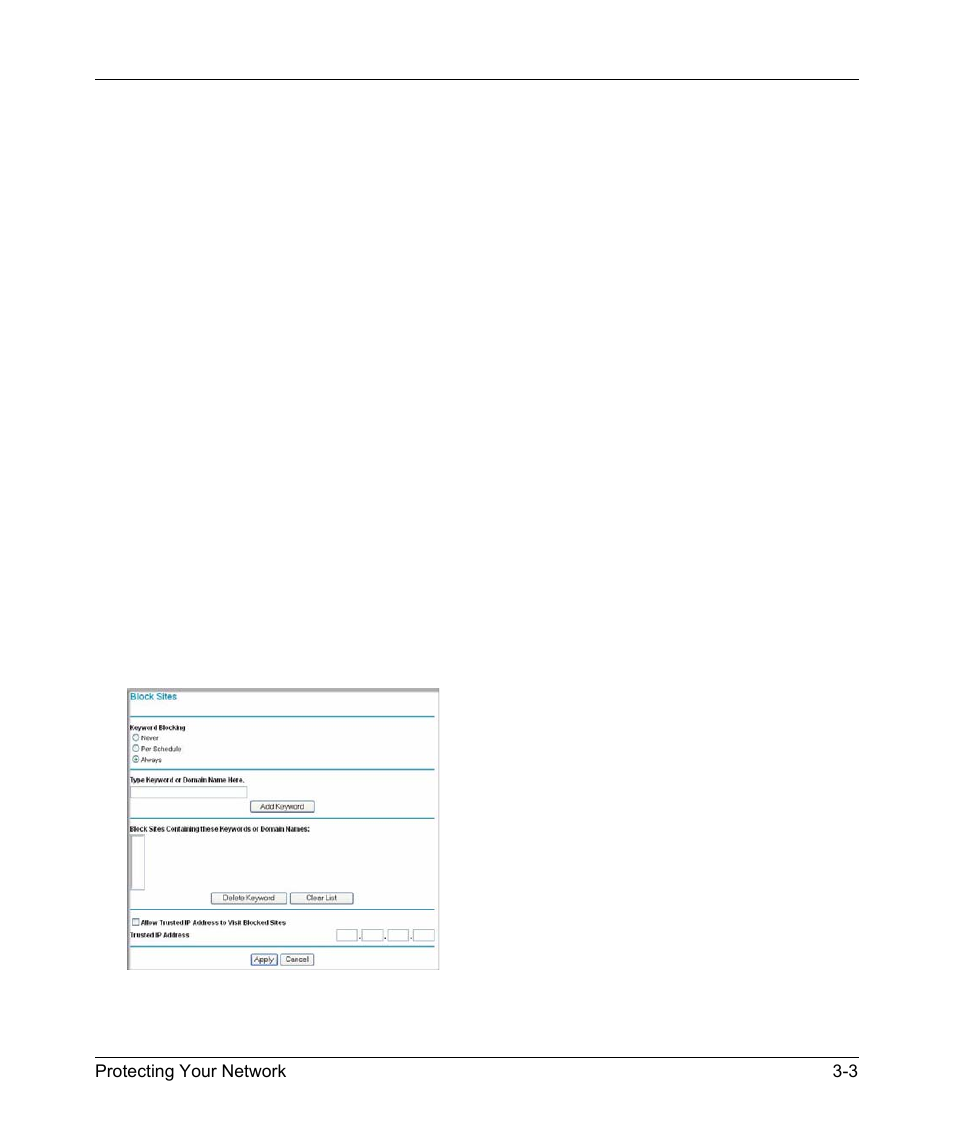 Blocking keywords, sites, and services, Blocking keywords, sites, and services -3 | NETGEAR MBR624GU User Manual | Page 49 / 106