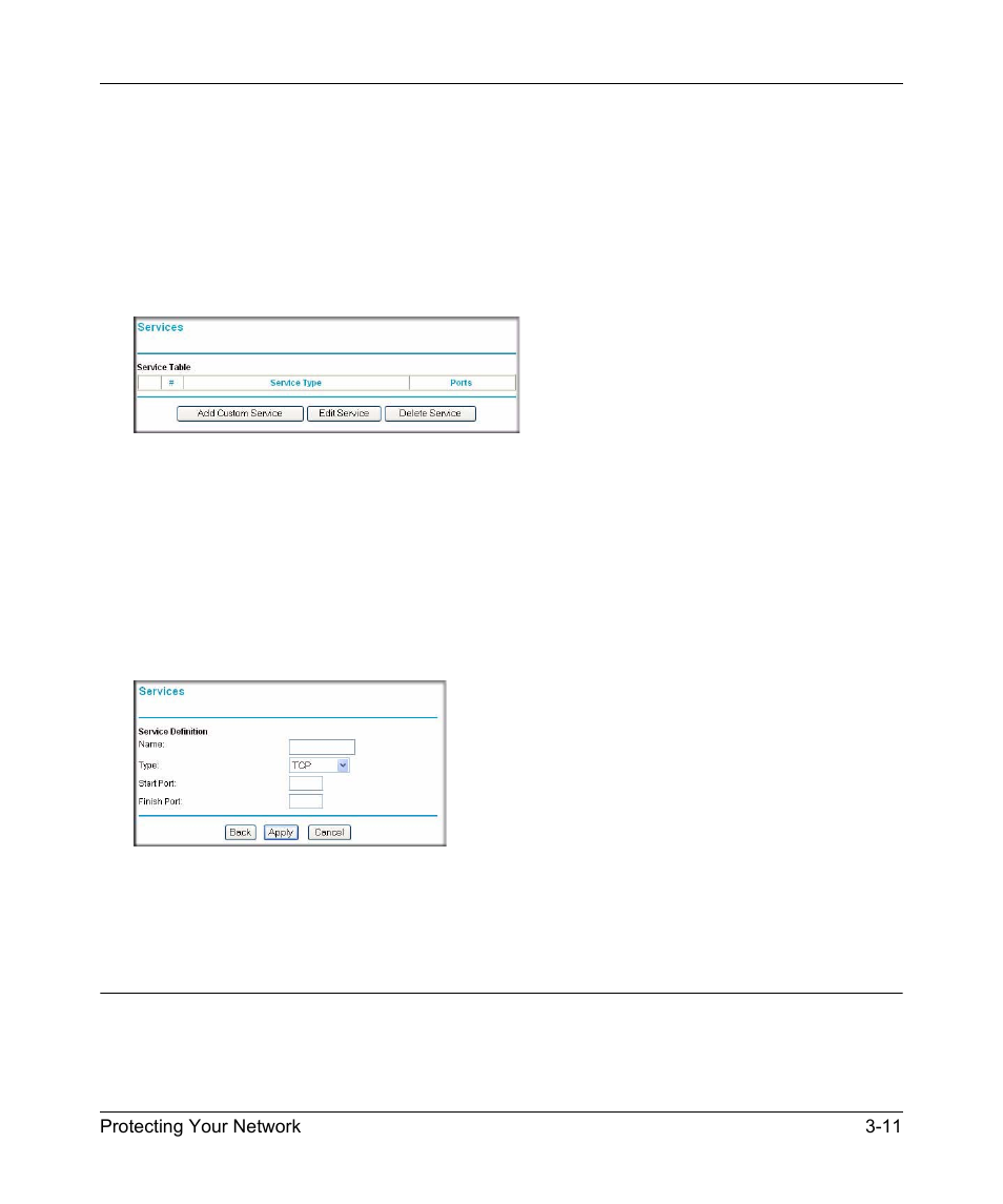 Defining services, Setting times and scheduling firewall services, Defining services -11 | Setting times and scheduling firewall services -11 | NETGEAR MBR624GU User Manual | Page 57 / 106