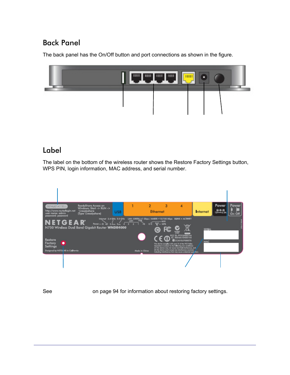 Back panel, Label, Back panel label | NETGEAR N750 Wireless Dual Band Gigabit Router WNDR4000 User Manual | Page 10 / 104