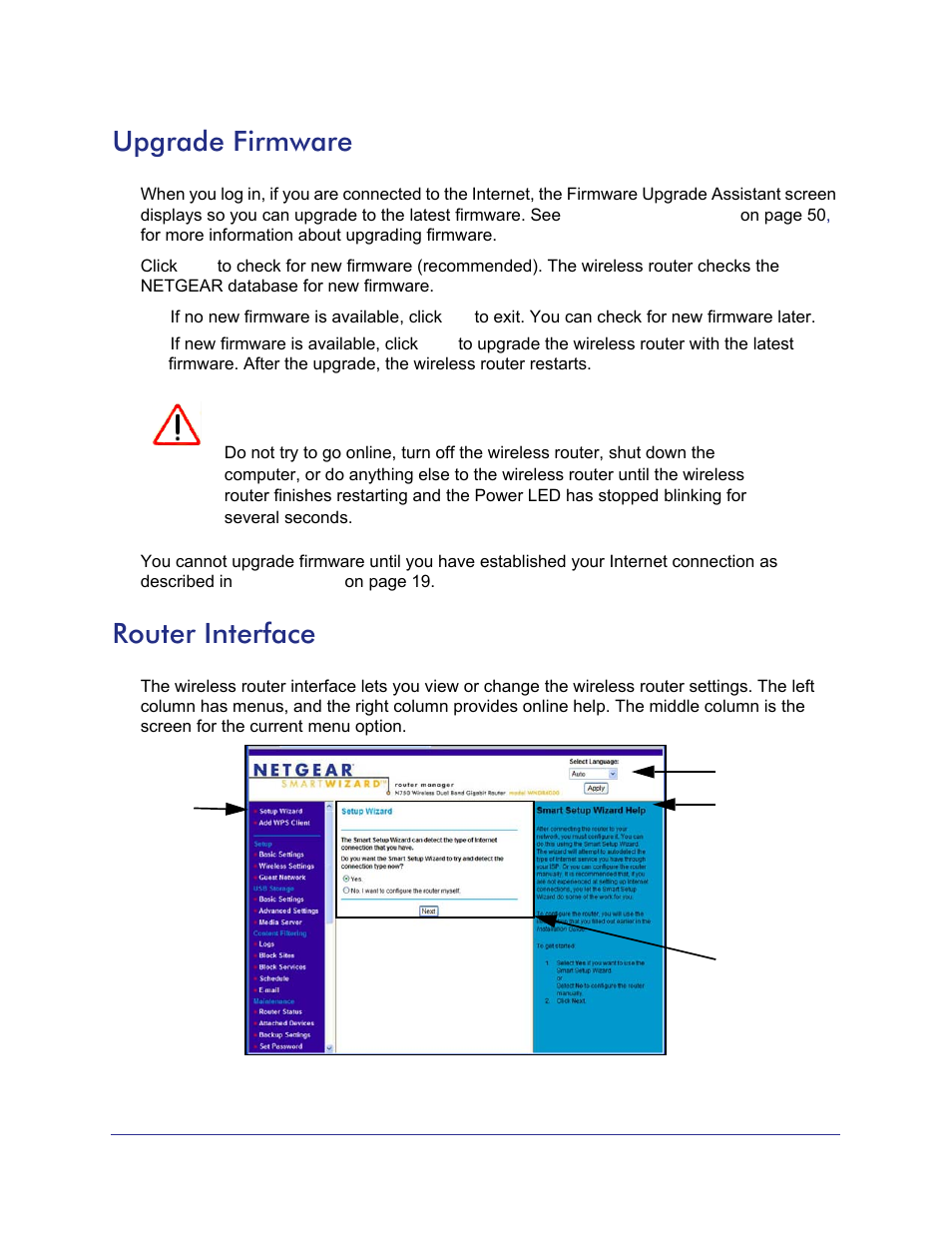 Upgrade firmware, Router interface, Upgrade firmware router interface | NETGEAR N750 Wireless Dual Band Gigabit Router WNDR4000 User Manual | Page 18 / 104