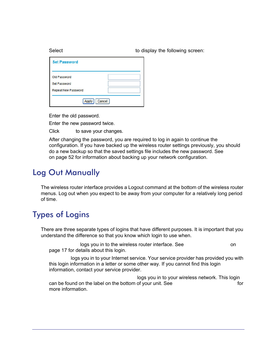 Log out manually, Types of logins, Log out manually types of logins | Connection. see | NETGEAR N750 Wireless Dual Band Gigabit Router WNDR4000 User Manual | Page 24 / 104