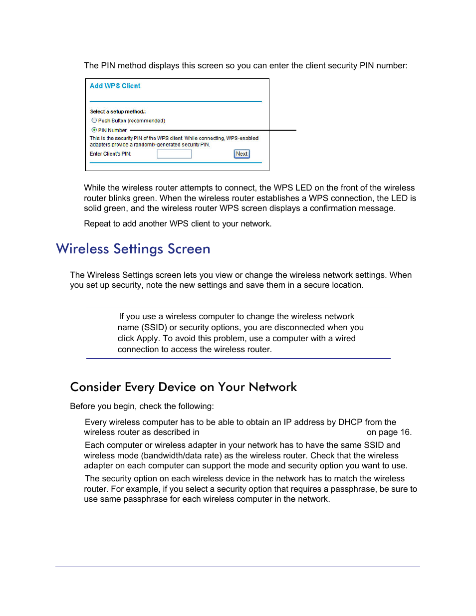 Wireless settings screen, Consider every device on your network | NETGEAR N750 Wireless Dual Band Gigabit Router WNDR4000 User Manual | Page 29 / 104