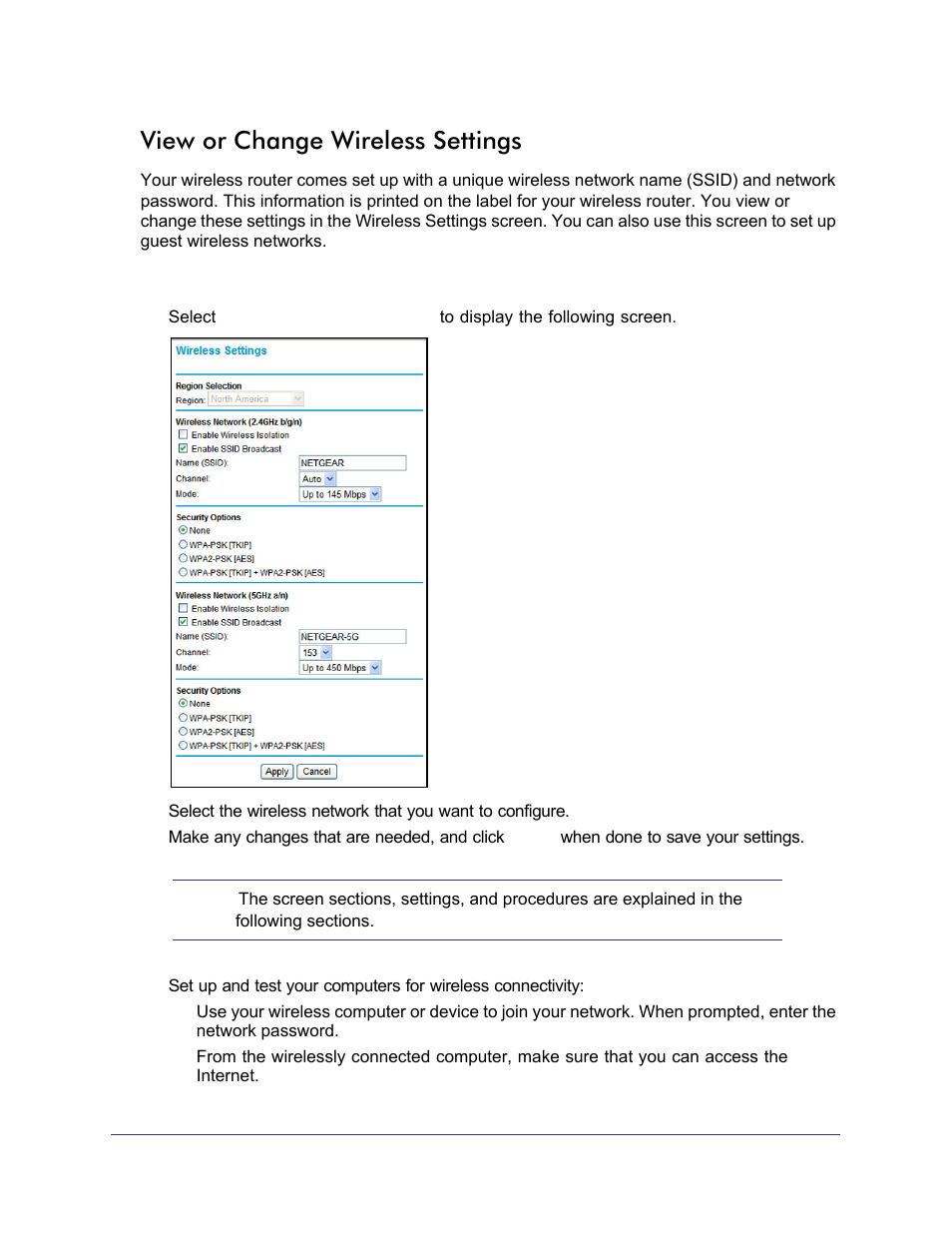 View or change wireless settings | NETGEAR N750 Wireless Dual Band Gigabit Router WNDR4000 User Manual | Page 30 / 104