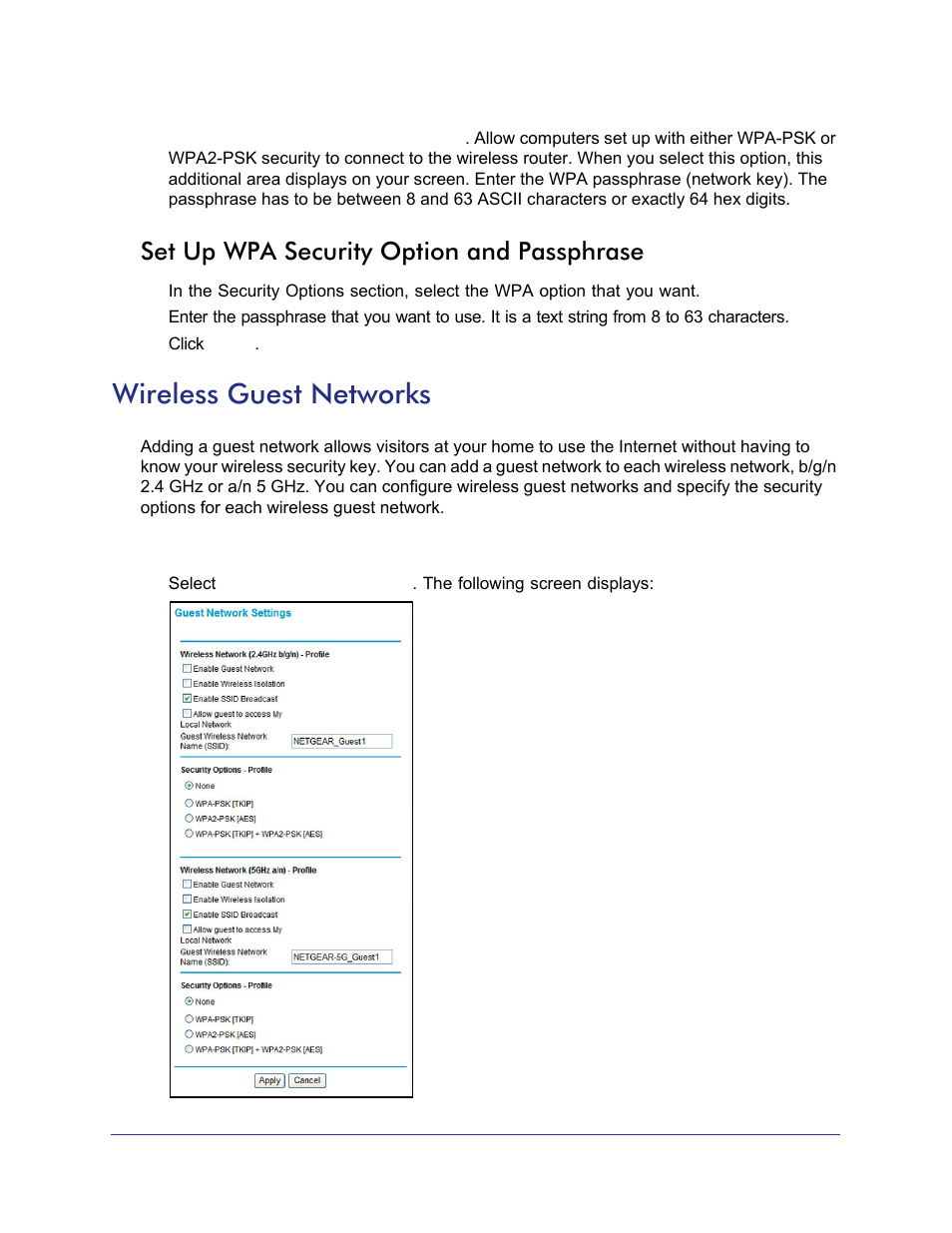 Set up wpa security option and passphrase, Wireless guest networks | NETGEAR N750 Wireless Dual Band Gigabit Router WNDR4000 User Manual | Page 32 / 104