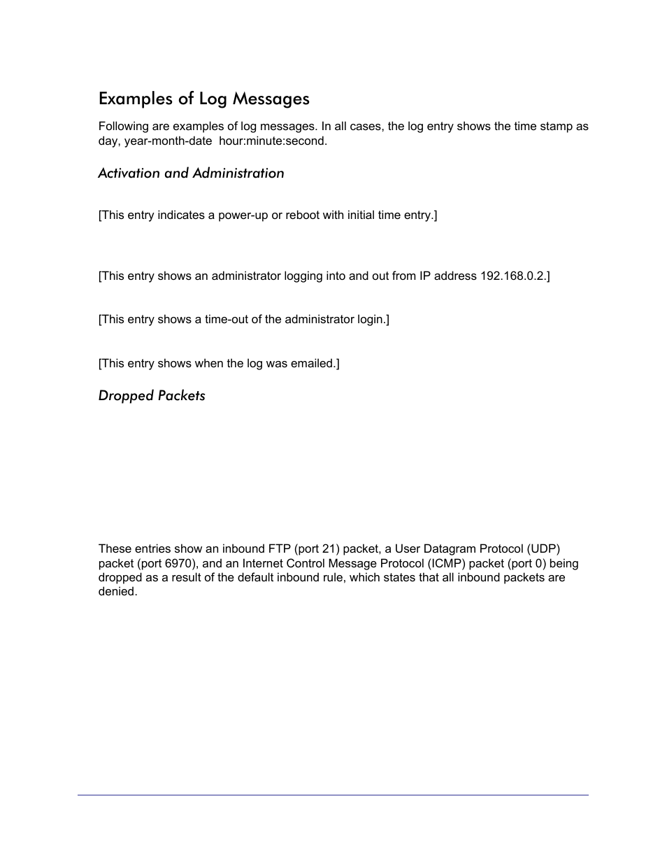 Examples of log messages | NETGEAR N750 Wireless Dual Band Gigabit Router WNDR4000 User Manual | Page 36 / 104