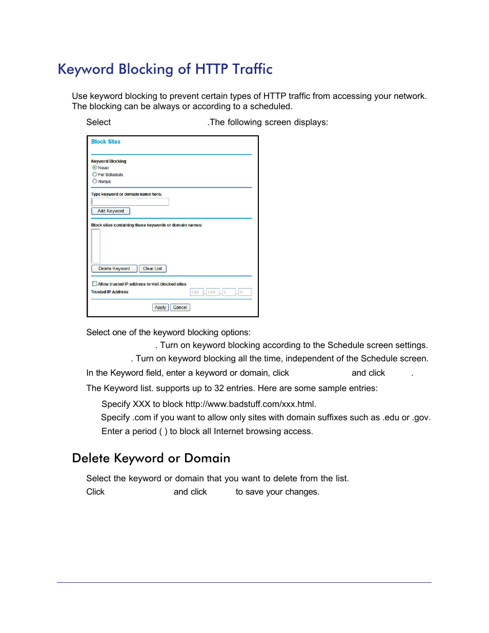 Keyword blocking of http traffic, Delete keyword or domain | NETGEAR N750 Wireless Dual Band Gigabit Router WNDR4000 User Manual | Page 37 / 104
