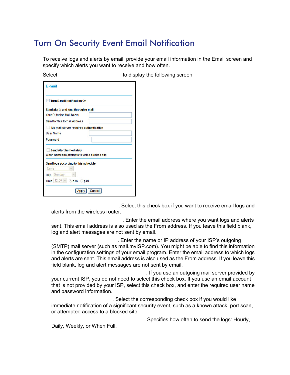 Turn on security event email notification | NETGEAR N750 Wireless Dual Band Gigabit Router WNDR4000 User Manual | Page 42 / 104