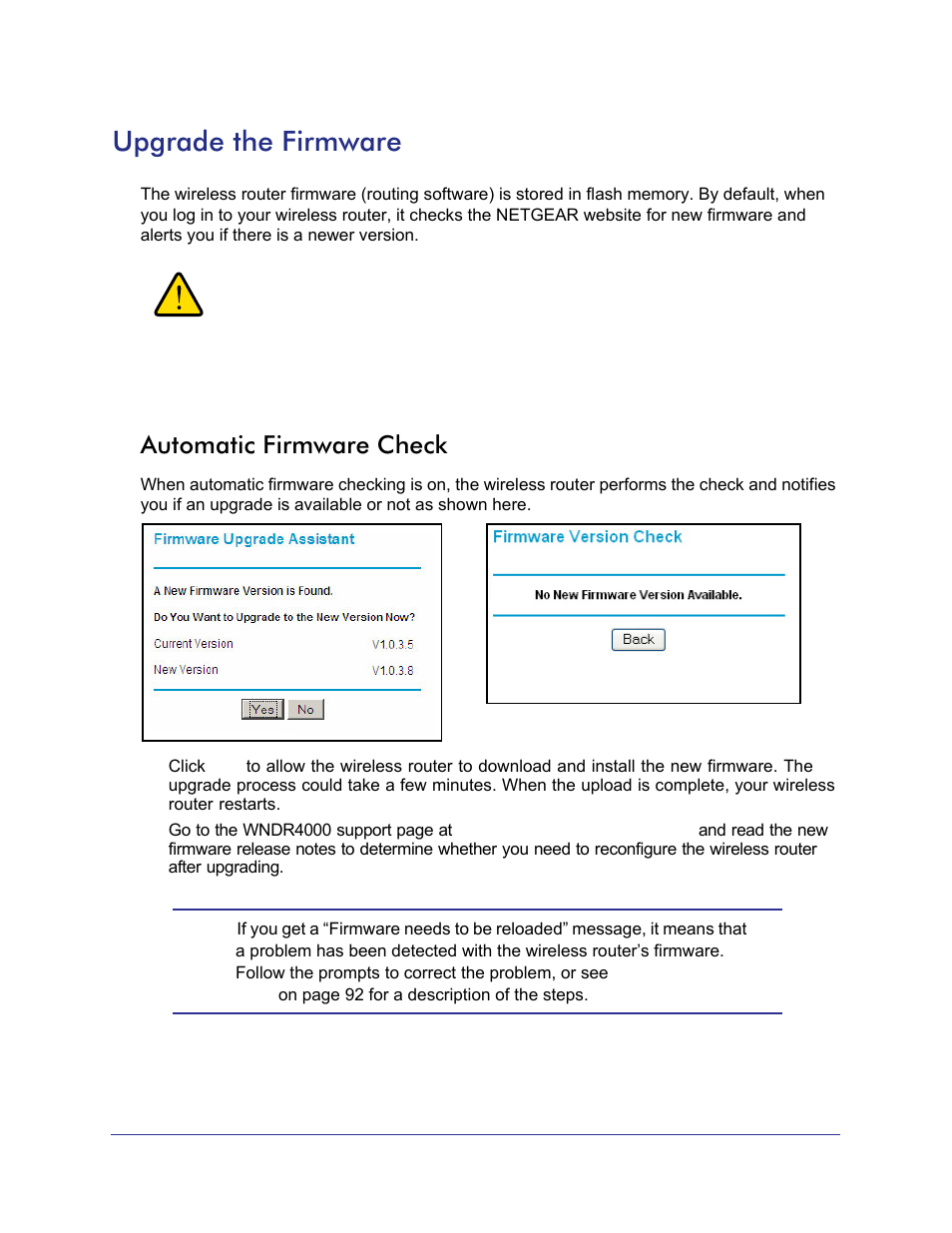 Upgrade the firmware, Automatic firmware check | NETGEAR N750 Wireless Dual Band Gigabit Router WNDR4000 User Manual | Page 50 / 104