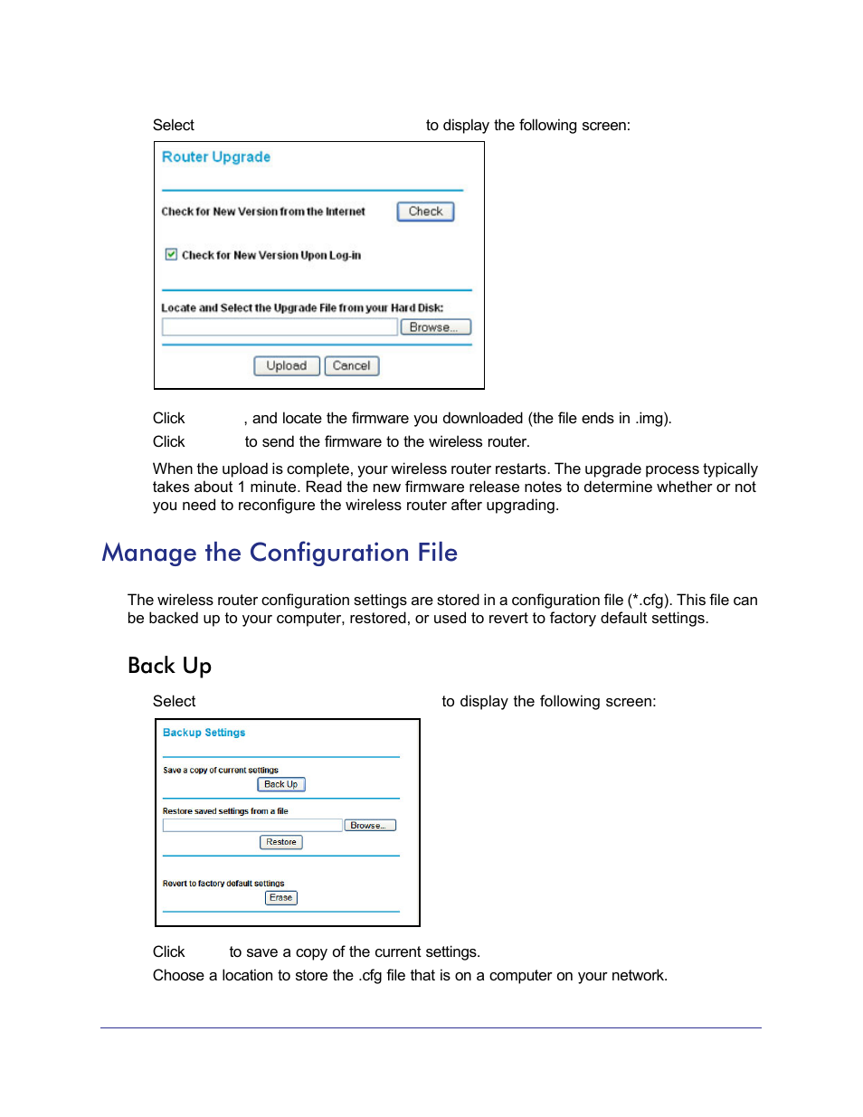 Manage the configuration file, Back up | NETGEAR N750 Wireless Dual Band Gigabit Router WNDR4000 User Manual | Page 52 / 104