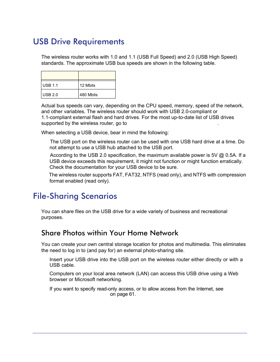 Usb drive requirements, File-sharing scenarios, Share photos within your home network | Usb drive requirements file-sharing scenarios | NETGEAR N750 Wireless Dual Band Gigabit Router WNDR4000 User Manual | Page 58 / 104