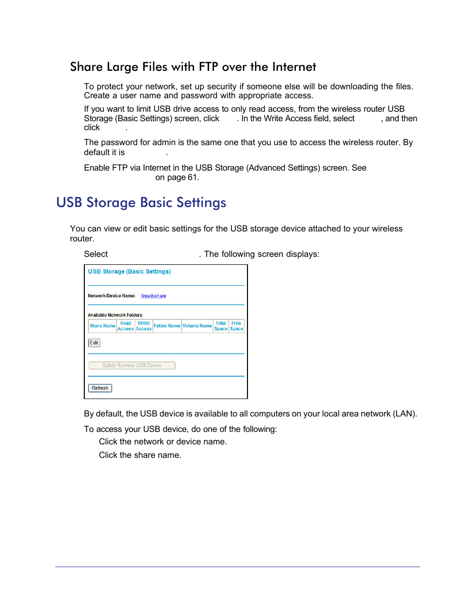 Share large files with ftp over the internet, Usb storage basic settings | NETGEAR N750 Wireless Dual Band Gigabit Router WNDR4000 User Manual | Page 59 / 104