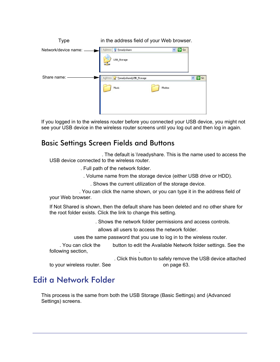 Basic settings screen fields and buttons, Edit a network folder | NETGEAR N750 Wireless Dual Band Gigabit Router WNDR4000 User Manual | Page 60 / 104