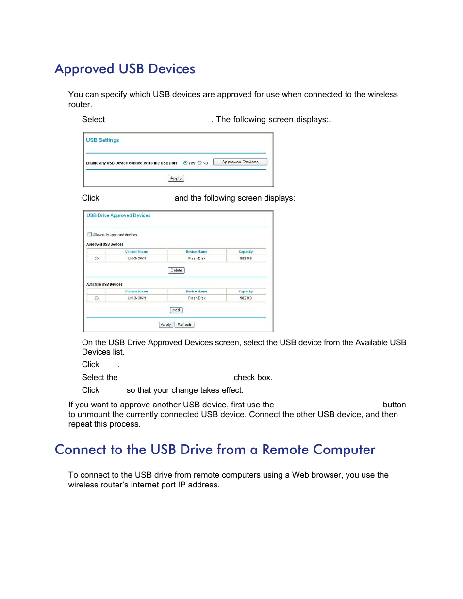 Approved usb devices, Connect to the usb drive from a remote computer | NETGEAR N750 Wireless Dual Band Gigabit Router WNDR4000 User Manual | Page 64 / 104